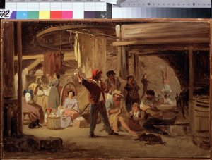 Bak sirkusscenen. Maleri av Feodor Andeyevich Bronnikov (1827-1902). Olje på lerret