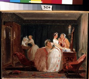 Bryllupsforberedelsene. En borgerlig jente i brudekjole forbereder seg til bryllupsseremonien. Verk av Feodor Andreyevich Bronnikov (1827-1902). Olje på papir, 26 x 33 cm av Fedor Andreevich Bronnikov