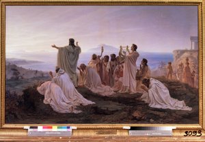 ""The Hymn to the Rising Sun of Pythagoras"" Rituell seremoni i antikkens Hellas inspirert av Pythagoras teorier knyttet til musikk og stjernene. Maleri av Feodor Andreyevich Bronnikov (1827-1902) 1869 State Tretyakov Gallery Moskva