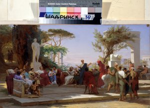 Den latinske poeten Horace minner om sine Satires in Mecene. 1800-tallet (Olje på papp)