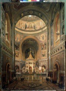 Innvendig utsikt over katedralen Kristus Frelseren i Moskva. (Interiørutsikt over katedralen Kristus Frelseren i Moskva) - Bygget mellom 1839 og 1883, av arkitekten Constantin Thon (Ton) - Beskrivelse av arkitekturen og dekorasjonen - Maleri av Fedor Andreevich Klages