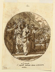 Takdesign for Numa Pompilius Velkommen til Roma etter hans valg, Numa Pompilius Hall, Palazzo Milzetti, Faenza av Felice Giani