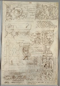 Dekorativ studie; Verso: To hodestudier av Felice Giani