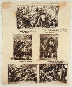 Design for forskjellige dekorasjoner, inkludert Coriolanus ved Romas murer av Felice Giani