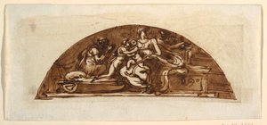 Lunette av hellig familie med St. Elizabeth og St. Joseph av Felice Giani