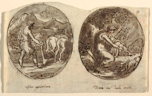 Man the Farmer, Diana the Goddess of the Hunt, Design for hvelvet tak, Sala dei Legislatori, Palazzo Conti-Sinibaldi, Faenza av Felice Giani