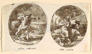 Man the Hunter, Man the Shepherd, Design for hvelvet tak, Sala dei Legislatori, Palazzo Conti-Sinibaldi, Faenza av Felice Giani