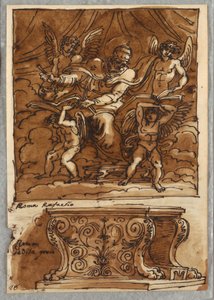 Pave Gregorio VII og fire engler, studie etter Raphael "Personer av pavedømmet"; Antik benk av Felice Giani