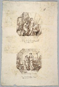 Prosjekt for to åttekantede malerier: Daedalus bruker Breasts of Hebe som modell for skål for Jupiter. Hebe mottar denne skålen fra ham. av Felice Giani