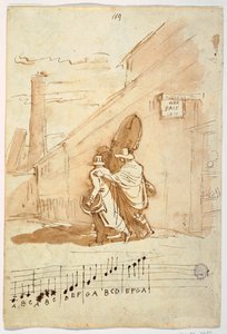 Rekto: Tre musikere foran Albergo Della Pace, 1810 av Felice Giani