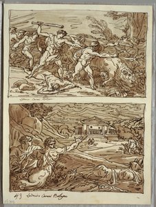Remus kjører bort og dreper røverne av flokkene; Santuary for the Fugitives on the Campidoglio, to studier etter Carracci av Felice Giani