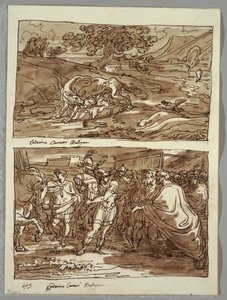 Romulus og Remus die ulven; Romulus dedikerer til Jove Feretrius byttet til den erobrede kong Acronius, to studier etter Carracci av Felice Giani