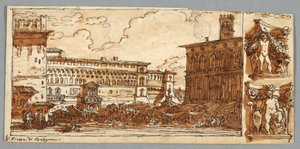 Skissebokside, Folio 57: Studie etter Piazza Emmanuelle i Bologna; Verso, arkitektonisk detalj av Felice Giani