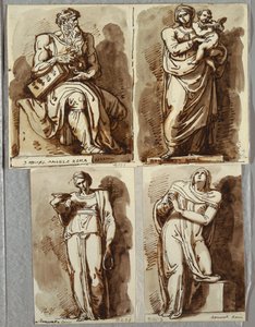 Studier etter fire statuer på graven til Julius II, etter Michelangelo: Moses; Madonna og barn; Leah, Dyd; Rachel, religion av Felice Giani