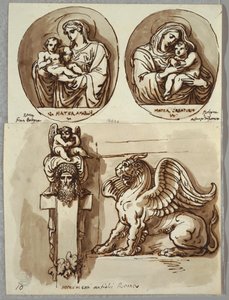 To tegninger av Madonna og barnet i ovaler, studier etter Giambologna og Alfonzo da Ferrero; Herm og Chimera, etter antikk av Felice Giani