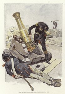 En soldat inspiserer en kanon ved siden av liket av den døde soldaten av Felicien baron de Myrbach Rheinfeld