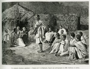 En asmari, en vandrende sanger. Gravering av F.De Myrbach, etter et fotografi, for å illustrere historien Voyage au Choa (Abyssinie meridionale), i 1884-1888, av Henry Audon, i le tour du monde 1889, regissert av Edouard Charton (1807-1890), Hachette , Par av Felicien baron de Myrbach Rheinfeld