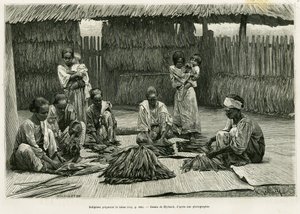 Urfolk som lager tobakk. Gravering av Myrbach for å illustrere historien Lucon og Palaouan, seks år på Filippinene, av Alfred Marche (1844-1898), i le tour du monde 1886, regissert av Edouard Charton (1807-1890), Hachette, Paris. av Felicien baron de Myrbach Rheinfeld