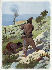 Robinson Crusoe dreper villmennene som jager fredag.