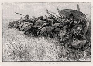 Massais-angrepet. Gravering av Myrbach for å illustrere historien "" Au secours d