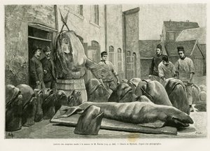 Ankomsten av de døde delfinene til Mr. Ostroms hus på Torrents Island. Gravering av Myrbach for å illustrere historien Un mois dans l
