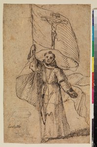 Franciscan monk holding a banner with the Crucifix   1409119   no       norwegian Successfully Translated  Original: Man op een schilderijenveiling At a sale of Pictures (title on object) Translat: Man op een schilderijenveiling At a sale of Pictures (titl av Felipe Gomez de Valencia