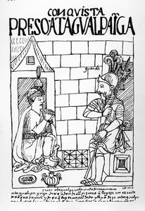 Atahualpa Inca i fengselet sitt i Cajamarca av Felipe Huaman Poma de Ayala