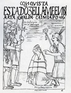 Kaptein Ruminavi presenterer Francisco Pizarro og Diego de Almagro med to kvinner av Felipe Huaman Poma de Ayala