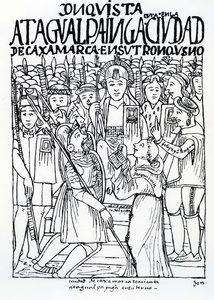 Diego de Almagro, Francisco Pizarro og Friar Vicente de Valverde kneler foran Atahualpa Inca ved Cajamarca