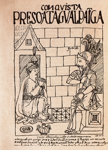 Inka-keiser Atahualpa, fange av Conquistadores ved Cajamarca (blekktegning