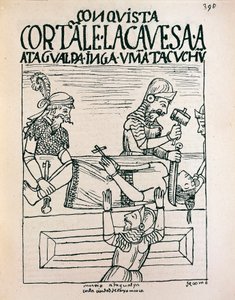 Inka-keiser Atahualpa henrettet av spanjoler i Cajamarca, 28. juli 1533 (blekktegning