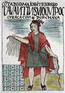 Quipu (Quipo Quipou) Inca-regnskapssystem i tau og knuter, inkakultur 1400-1532 e.Kr., manuskript av Felipe Guaman Puma de Ayala (New Chronicle and Good Government), indisk spaltist på 1500-tallet.