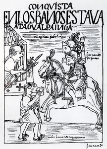 Sebastian de Benalcazar og Hernando Pizarro konfronterer Atahualpa Inca ved Royal Baths i Cajamarca (tresnitt) av Felipe Huaman Poma de Ayala