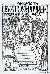 Den nykronede Manco Inca på tronen i Cuzco (tresnitt) av Felipe Huaman Poma de Ayala