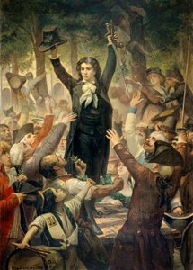 Camille Desmoulins (1760-1794) harangerte patriotene i hagen til Palais Royal Premiere-scenen for den franske revolusjonen i Paris: den 12.07.1789, etter kongens avskjedigelse av Jacques Necker, plagede Camille Desmoulins mengden på Palais Royal