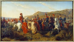 Conquete of Algeria (1830-1847): Episode av kampanjen i Algerie i 1840 - hertugen av Orleans Ferdinand Philippe (Ferdinand-Philippe) (1810-1842), sønn av kong Louis Philippe (Louis-Philippe) 1., gir frihet til to arabiske fanger nær leiren til Bl