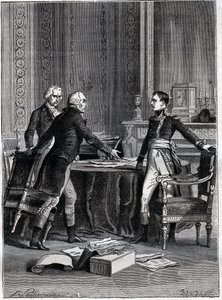 Første behandling av de tre konsulene i Peer-Luxembourg - Napoleon Bonaparte, Emmanuel Joseph Sieyes og Pierre Roger-Ducos 1799 - Gravering av Barbant, etter Philippoteaux - Første konsulat, 24. Frimaire VIII (15. desember 1799), første møte i første