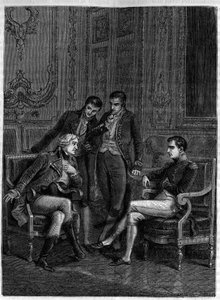 Jean Jacques Regis de Cambaceres (1753-1824) stiller ut på Bonaparte, daværende førstekonsul, og for brødrene Joseph og Lucien, hans geniale kombinasjon for å få ham til å bli kalt Bonaparte Consul a vie” ca. 1804 - (Cambaceres foreslår Bonapartes utnevnel