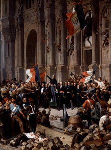 Revolusjonen i 1848: Alphonse de Lamartine (1790 - 1869), nektet det røde flagget for tricolor-flagget, ved rådhuset. Paris, 26. februar 1848. Detalj av maleri av Henri Felix Philippoteaux (1815 - 1884), Paris, Musee Du PetitPalais - revolusjonen i 1848