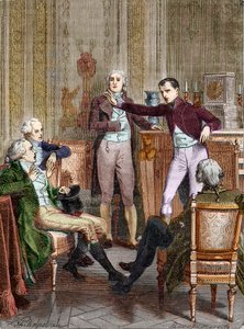 The First Consul Bonaparte talking to the mathematician Gaspard Monge - Discussion entre Bonaparte, Premier Consul, et Gaspard Monge (1746-1818) engraving by Felix Philippoteaux (1815-1884).
