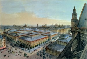 Utsikt over Les Halles i Paris tatt fra Saint Eustache øvre galleri, ca. 1870-80