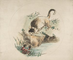 Dekorasjon for en tallerken: En katt som jakter på en krabbe, 1850-1914. av Felix Bracquemond