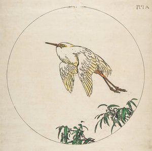 Dekorasjon for en tallerken: En egret som flyr over bambusgrener, 1850-1914. av Felix Bracquemond