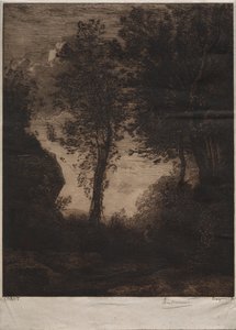 Landskap: Solnedgang, etter Corot, ca. 1858. av Felix Bracquemond
