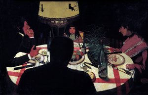 Middag, lampeeffekt. Representasjon av maleren omgir hans kone og vakre barn. Maleri av Felix Vallotton (1865-1925) Ec. Følg av Felix Edouard Vallotton