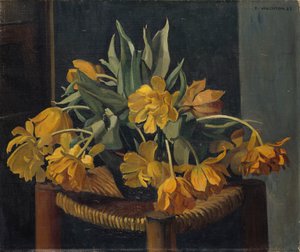 Doble gule tulipaner på kurvstol, 1923 av Felix Edouard Vallotton