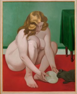 Hukende kvinne som tilbyr melk til en katt av Felix Edouard Vallotton