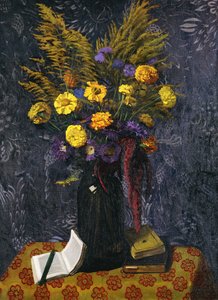 Fransk ringblomst, lilla tusenfryd og gylne skiver; Marigolds, Purple Daisies and Golden Gerbs, 1925 av Felix Edouard Vallotton