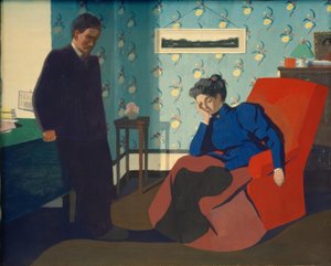 Rød lenestol interiør og figurer av Felix Edouard Vallotton