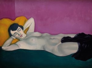 Kvinne liggende foran en fiolett bakgrunn. 1924 av Felix Edouard Vallotton
